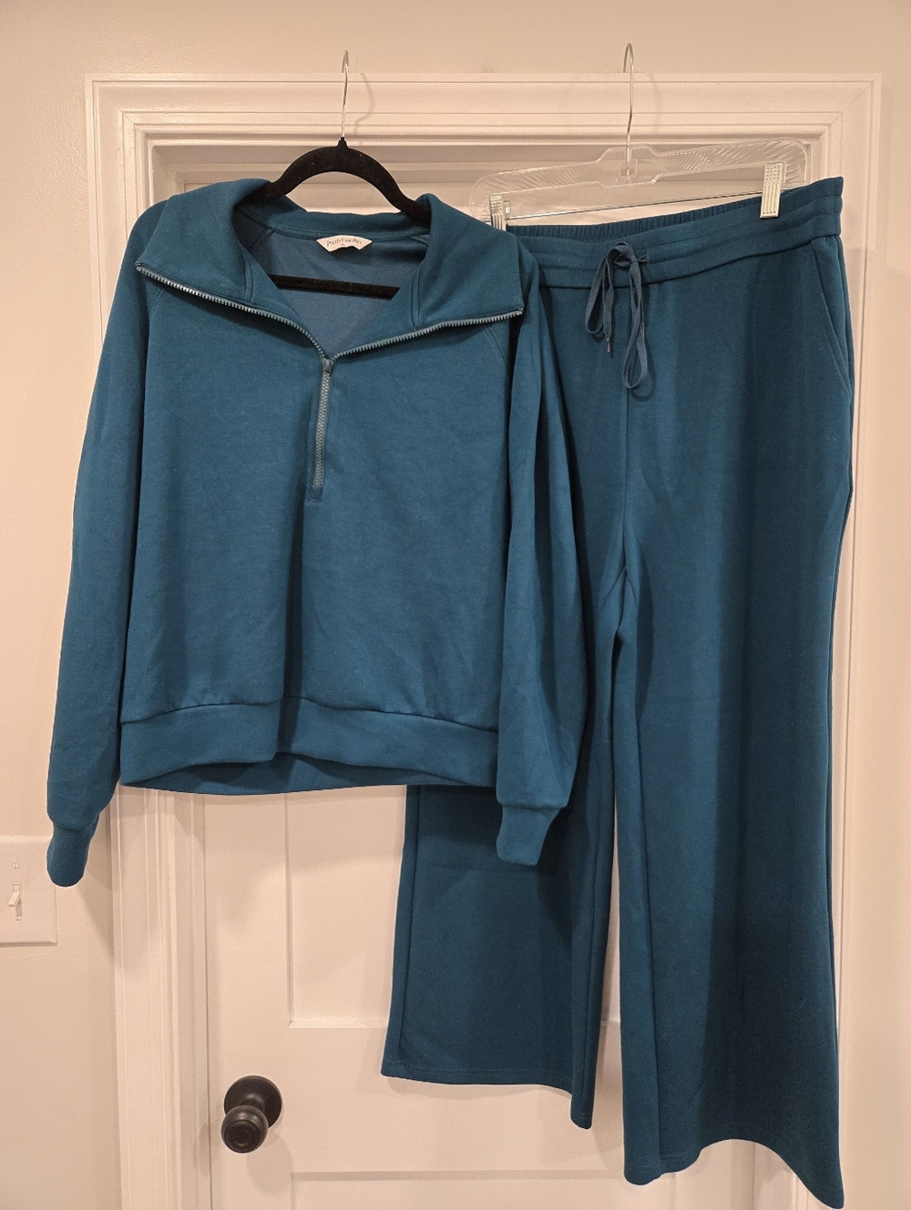 Pretry Garden Teal Two-Piece Lounge Set - Quarter Zip Top & Wide Leg Pants